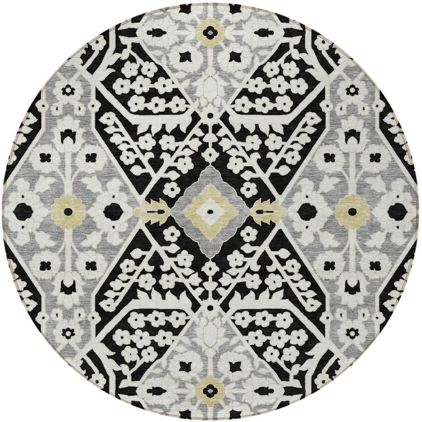 8' Black Gray And Gold Round Floral Washable Indoor Outdoor Area Rug Photo 8