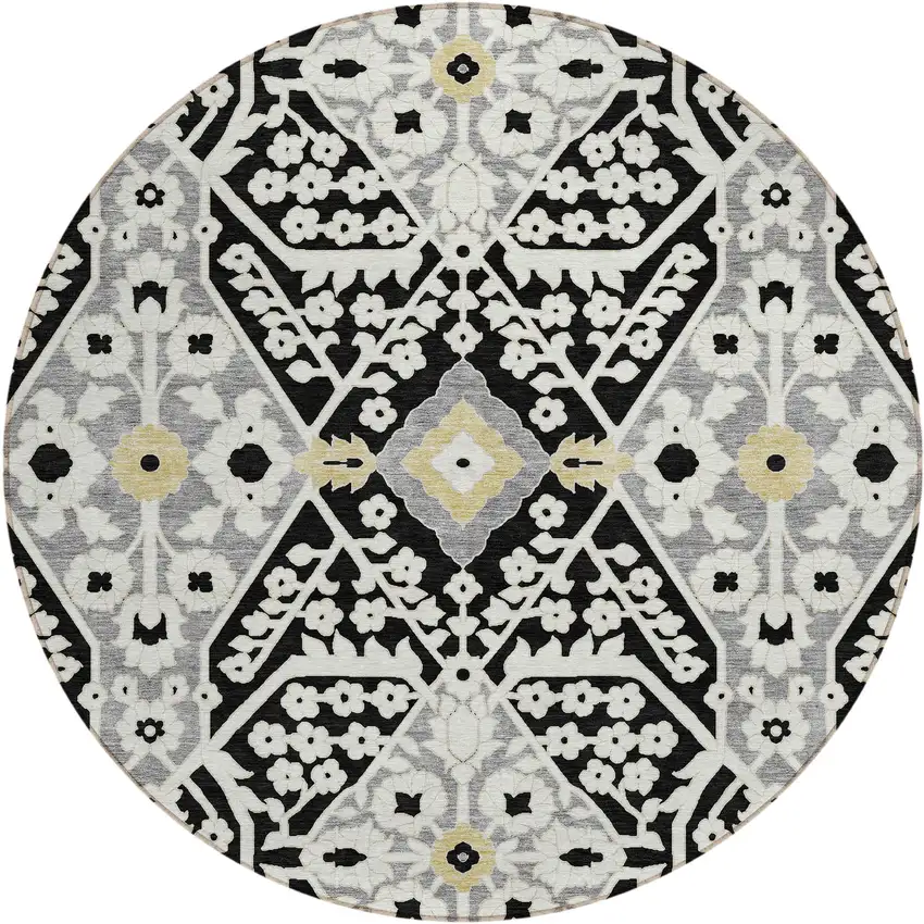 8' Black Gray And Gold Round Floral Washable Indoor Outdoor Area Rug Photo 2