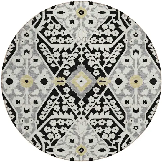 8' Black Gray And Gold Round Floral Washable Indoor Outdoor Area Rug Photo 2