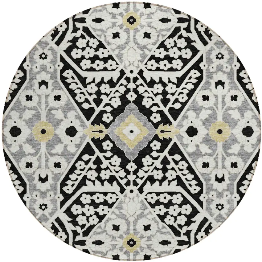 8' Black Gray And Gold Round Floral Washable Indoor Outdoor Area Rug Photo 2