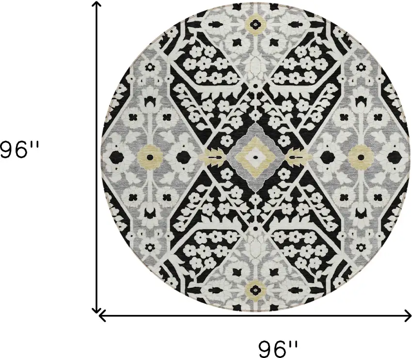 8' Black Gray And Gold Round Floral Washable Indoor Outdoor Area Rug Photo 3