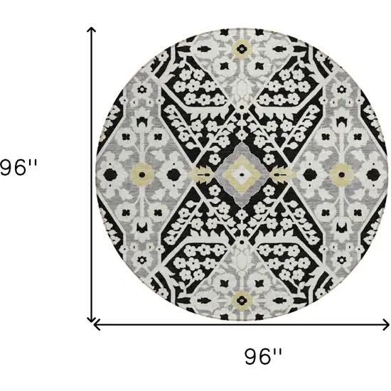 8' Black Gray And Gold Round Floral Washable Indoor Outdoor Area Rug Photo 3