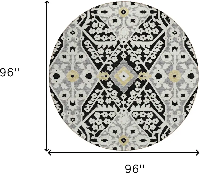 8' Black Gray And Gold Round Floral Washable Indoor Outdoor Area Rug Photo 3