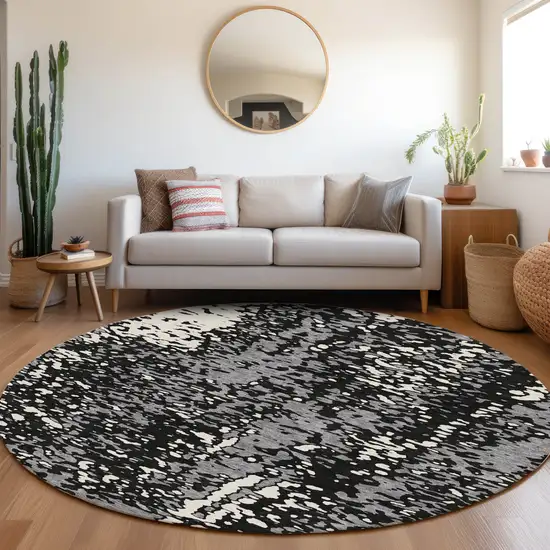 8' Black Gray And Ivory Abstract Washable Round Rug With UV Protection Photo 4