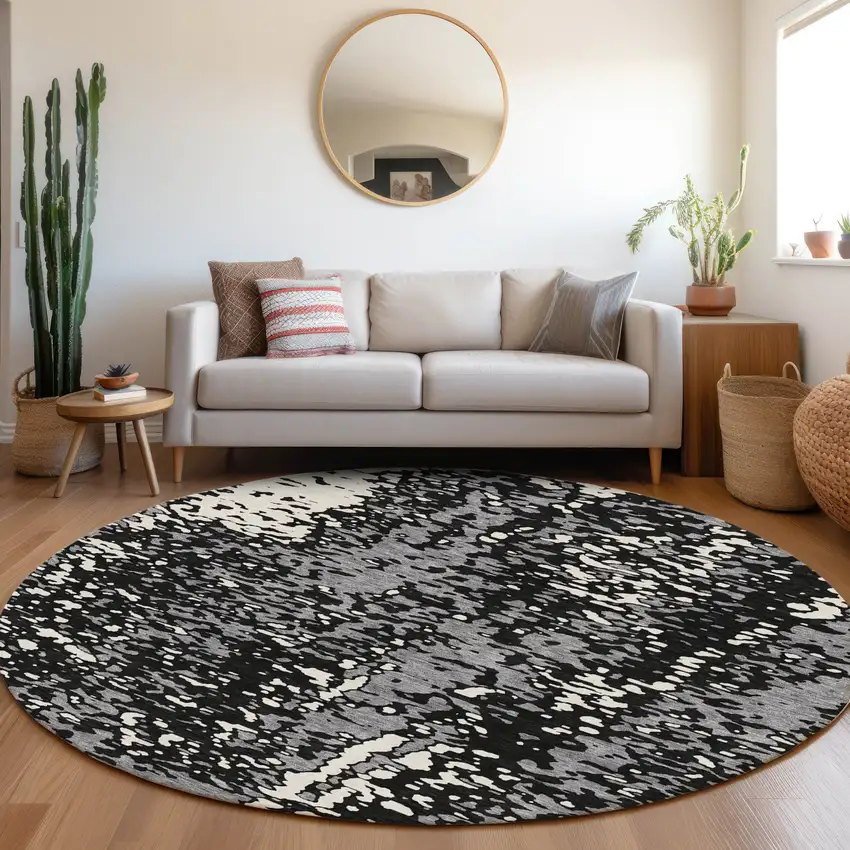 8' Black Gray And Ivory Abstract Washable Round Rug With UV Protection Photo 4