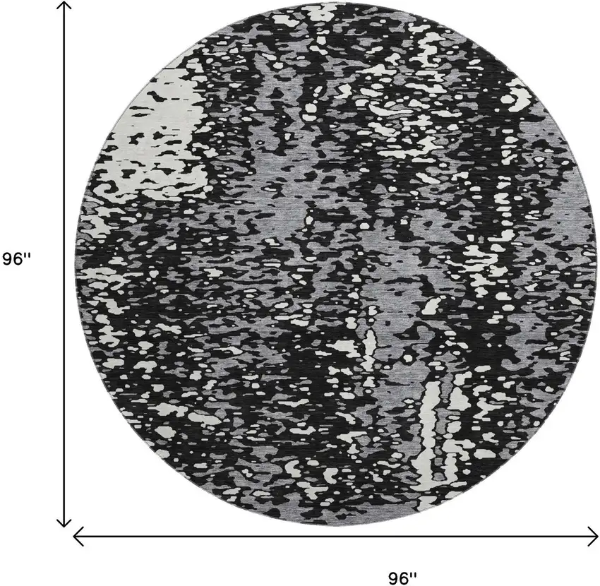8' Black Gray And Ivory Abstract Washable Round Rug With UV Protection Photo 9
