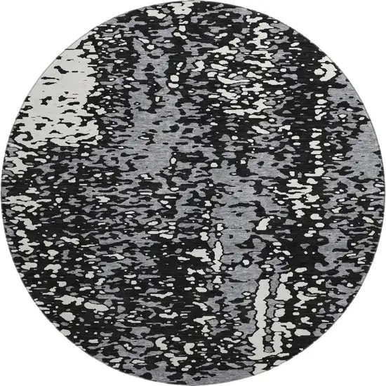 8' Black Gray And Ivory Abstract Washable Round Rug With UV Protection Photo 1