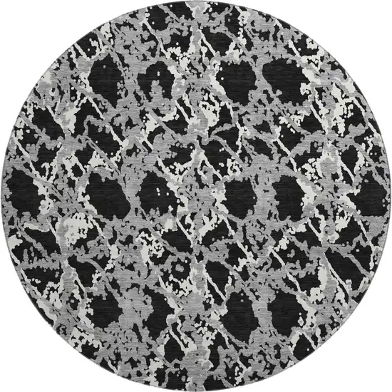 8' Black Gray And Ivory Abstract Washable Round Rug With UV Protection Photo 1