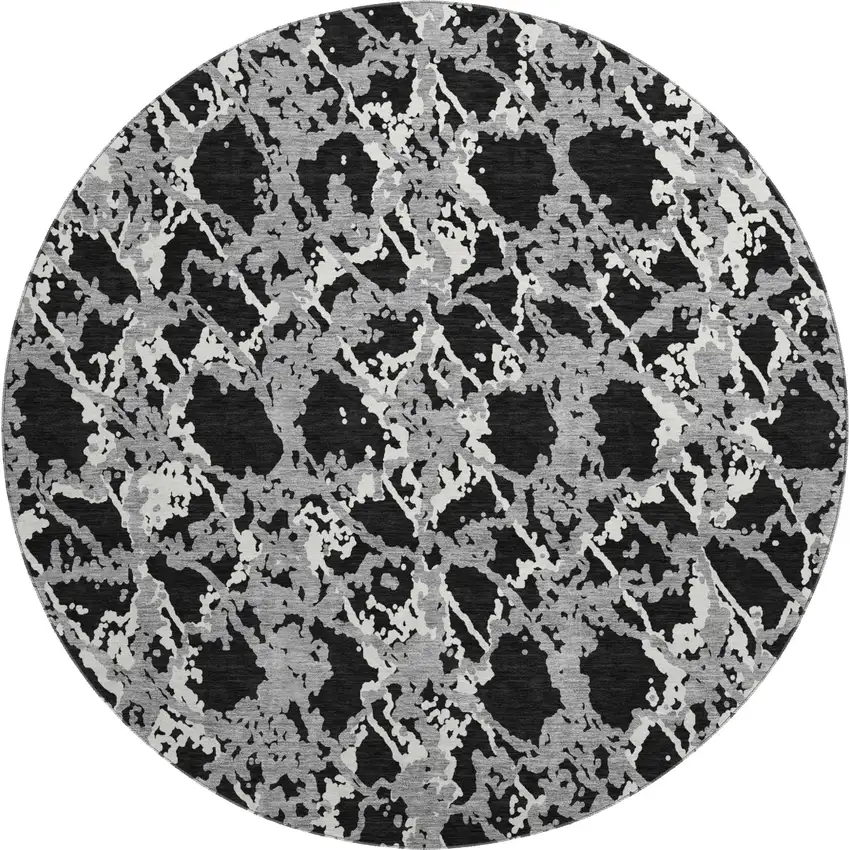 8' Black Gray And Ivory Abstract Washable Round Rug With UV Protection Photo 1