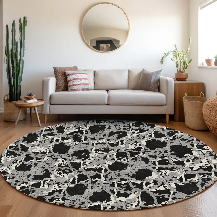 8' Black Gray And Ivory Abstract Washable Round Rug With UV Protection Photo 4