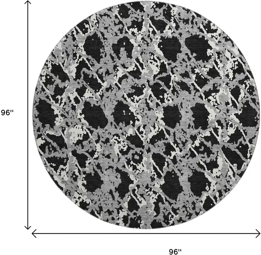 8' Black Gray And Ivory Abstract Washable Round Rug With UV Protection Photo 9
