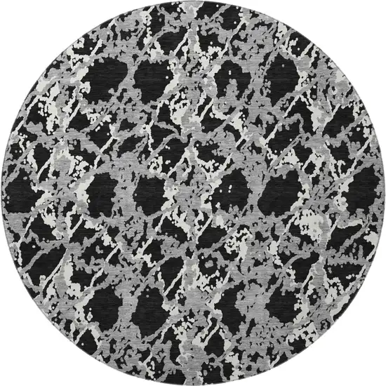 8' Black Gray And Ivory Abstract Washable Round Rug With UV Protection Photo 3