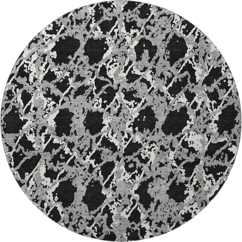 8' Black Gray And Ivory Abstract Washable Round Rug With UV Protection Photo 3
