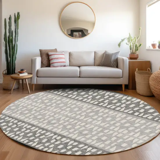 8' Black Gray And Ivory Geometric Washable Round Rug With UV Protection Photo 4