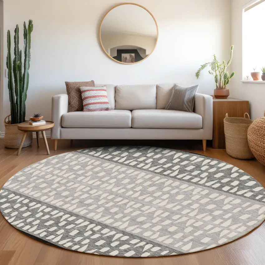 8' Black Gray And Ivory Geometric Washable Round Rug With UV Protection Photo 4