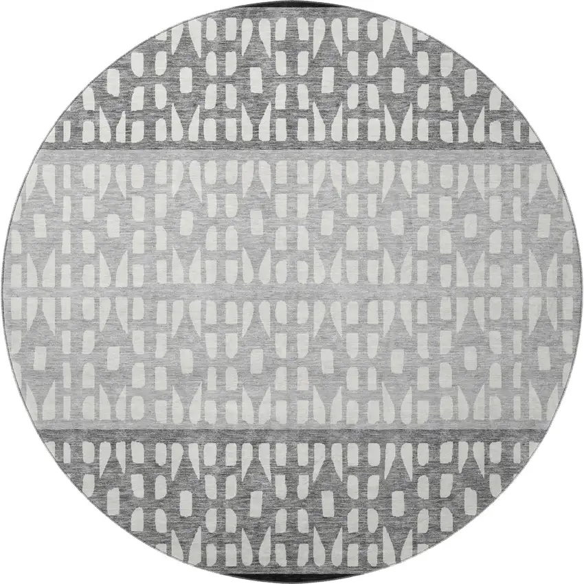 8' Black Gray And Ivory Geometric Washable Round Rug With UV Protection Photo 3
