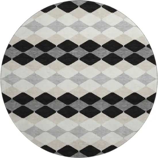 8' Black Gray And Ivory Geometric Washable Round Rug With UV Protection Photo 1