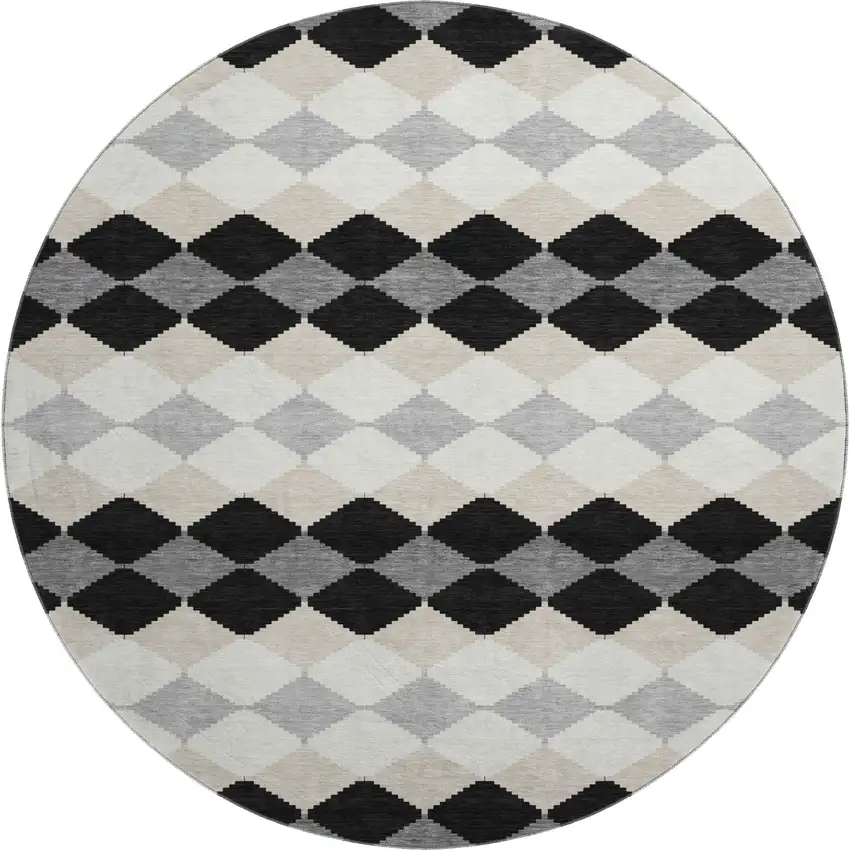 8' Black Gray And Ivory Geometric Washable Round Rug With UV Protection Photo 1