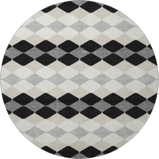 8' Black Gray And Ivory Geometric Washable Round Rug With UV Protection Photo 3