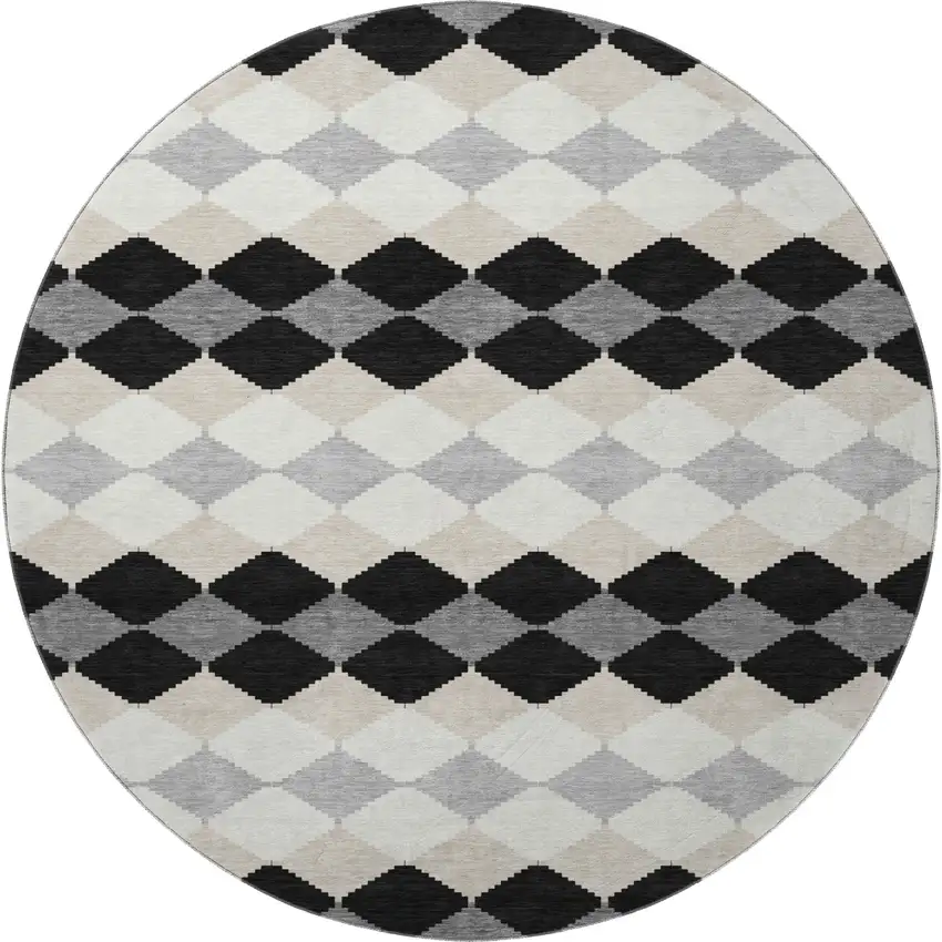 8' Black Gray And Ivory Geometric Washable Round Rug With UV Protection Photo 3