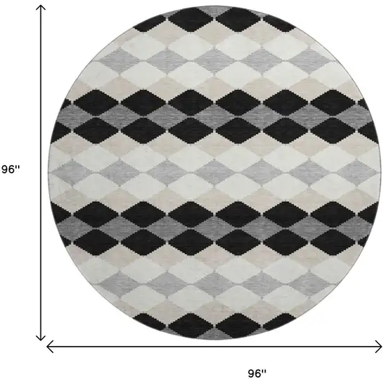 8' Black Gray And Ivory Geometric Washable Round Rug With UV Protection Photo 9