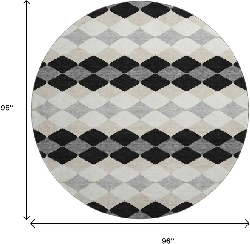8' Black Gray And Ivory Geometric Washable Round Rug With UV Protection Photo 9