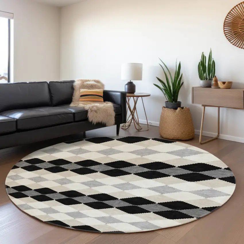 8' Black Gray And Ivory Geometric Washable Round Rug With UV Protection Photo 4