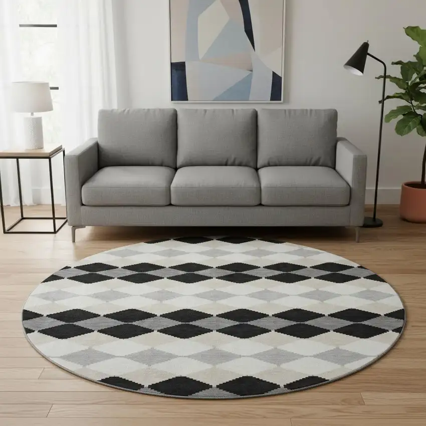 8' Black Gray And Ivory Geometric Washable Round Rug With UV Protection Photo 2