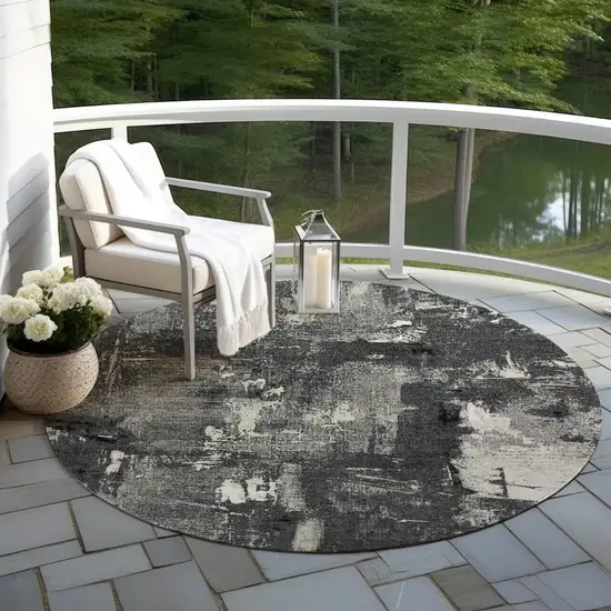 8' Black Gray And Ivory Round Abstract Washable Indoor Outdoor Area Rug Photo 4