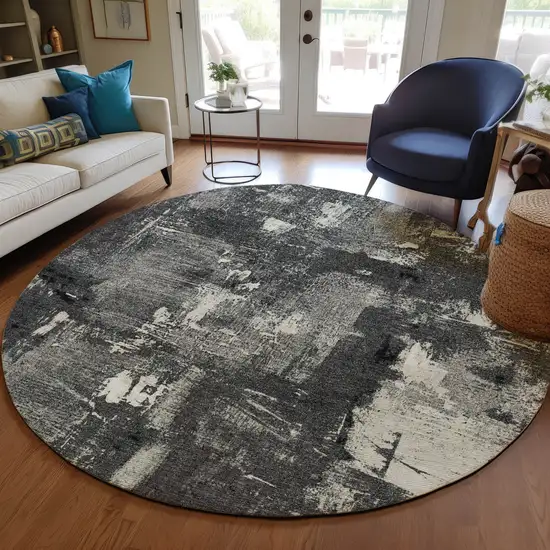 8' Black Gray And Ivory Round Abstract Washable Indoor Outdoor Area Rug Photo 5