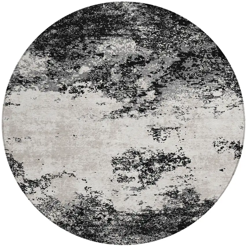 8' Black Gray And Ivory Round Abstract Washable Indoor Outdoor Area Rug Photo 2