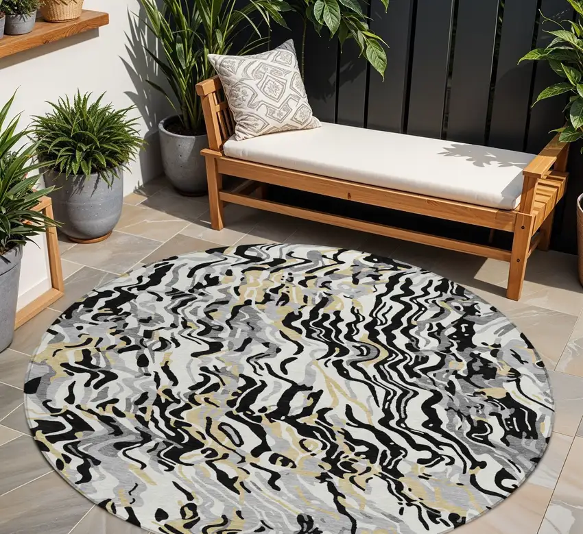 8' Black Gray And Ivory Round Abstract Washable Indoor Outdoor Area Rug Photo 1