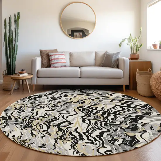 8' Black Gray And Ivory Round Abstract Washable Indoor Outdoor Area Rug Photo 7