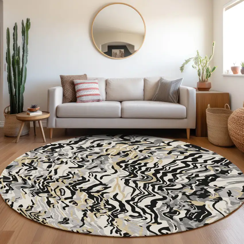 8' Black Gray And Ivory Round Abstract Washable Indoor Outdoor Area Rug Photo 7