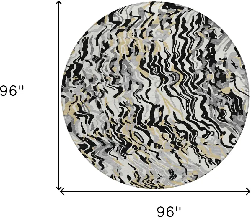 8' Black Gray And Ivory Round Abstract Washable Indoor Outdoor Area Rug Photo 3