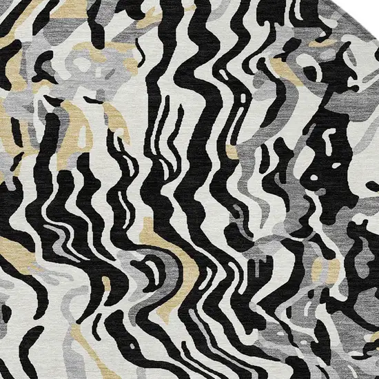 8' Black Gray And Ivory Round Abstract Washable Indoor Outdoor Area Rug Photo 4