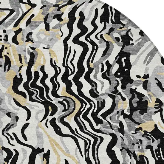 8' Black Gray And Ivory Round Abstract Washable Indoor Outdoor Area Rug Photo 5