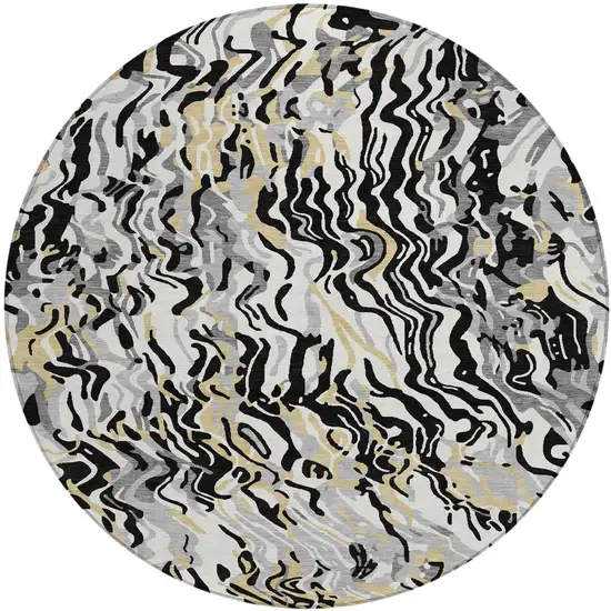 8' Black Gray And Ivory Round Abstract Washable Indoor Outdoor Area Rug Photo 2