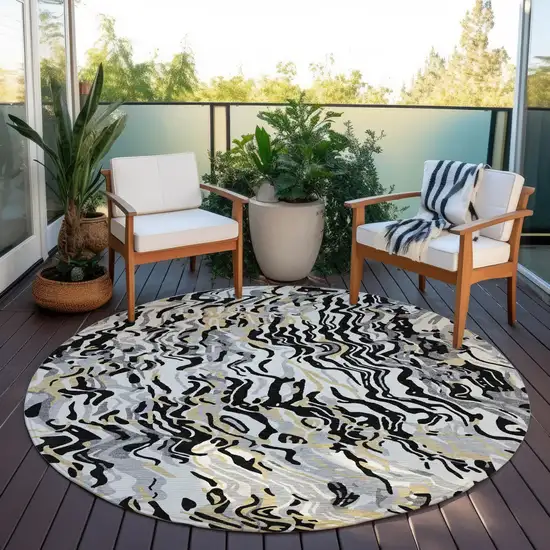 8' Black Gray And Ivory Round Abstract Washable Indoor Outdoor Area Rug Photo 6