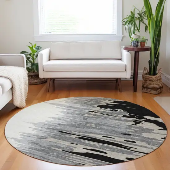 8' Black Gray And Ivory Round Abstract Washable Indoor Outdoor Area Rug Photo 8
