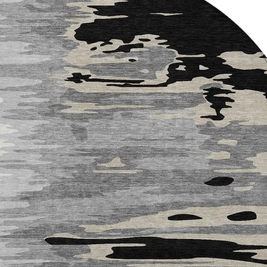 8' Black Gray And Ivory Round Abstract Washable Indoor Outdoor Area Rug Photo 5