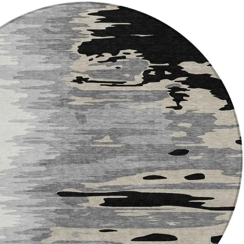 8' Black Gray And Ivory Round Abstract Washable Indoor Outdoor Area Rug Photo 6