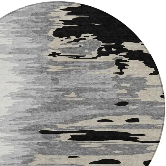 8' Black Gray And Ivory Round Abstract Washable Indoor Outdoor Area Rug Photo 6