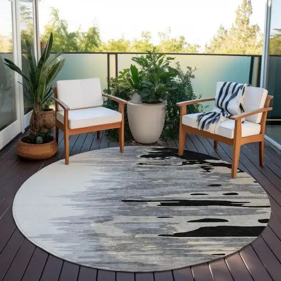 8' Black Gray And Ivory Round Abstract Washable Indoor Outdoor Area Rug Photo 7