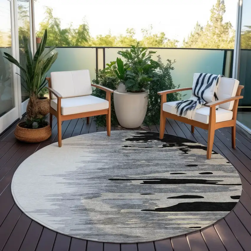8' Black Gray And Ivory Round Abstract Washable Indoor Outdoor Area Rug Photo 7