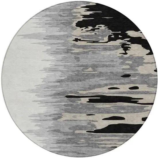 8' Black Gray And Ivory Round Abstract Washable Indoor Outdoor Area Rug Photo 2