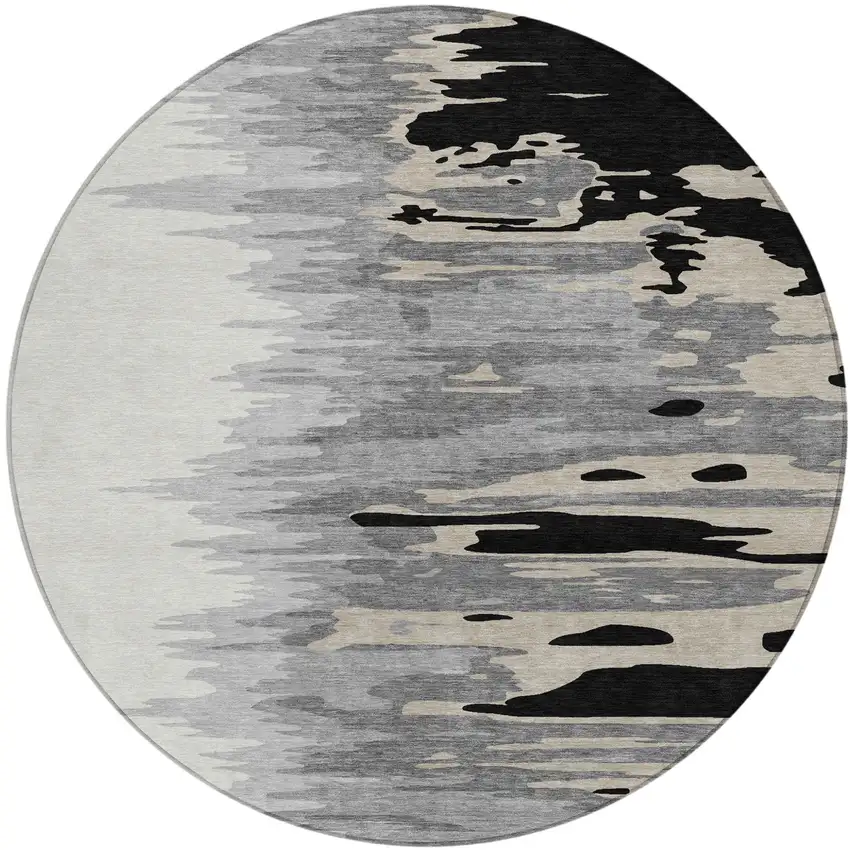 8' Black Gray And Ivory Round Abstract Washable Indoor Outdoor Area Rug Photo 2