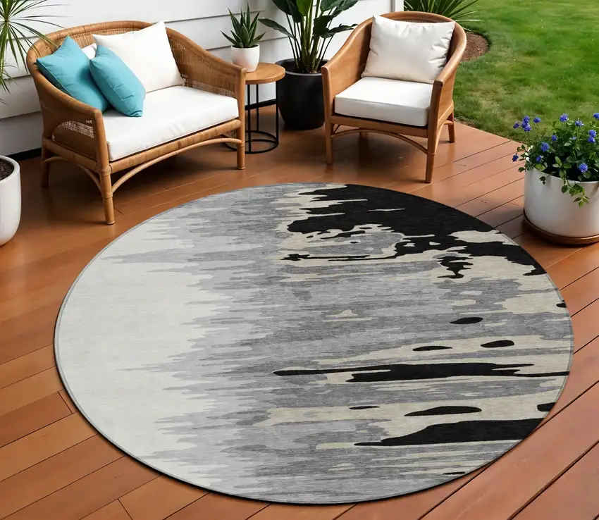 8' Black Gray And Ivory Round Abstract Washable Indoor Outdoor Area Rug Photo 1
