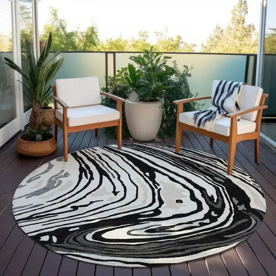 8' Black Gray And Ivory Round Abstract Washable Indoor Outdoor Area Rug Photo 8
