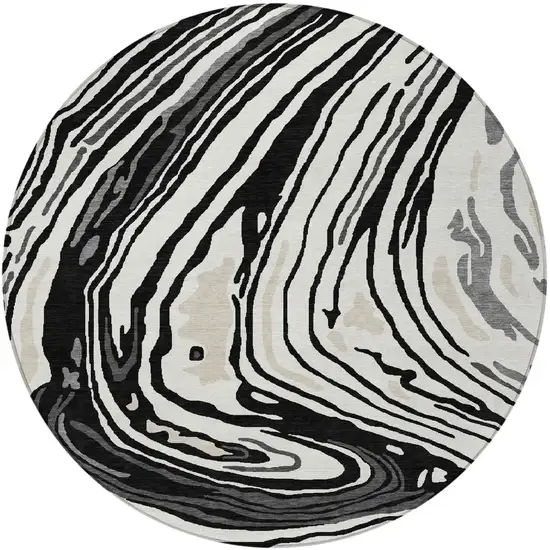 8' Black Gray And Ivory Round Abstract Washable Indoor Outdoor Area Rug Photo 7